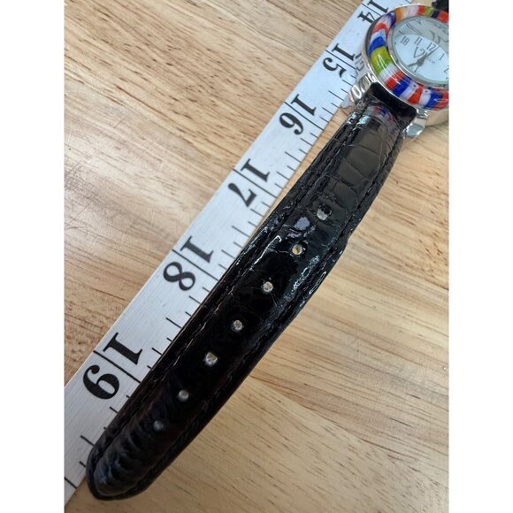 Venice Art Glass Watch With Multicolor Bezel & Black Leather Strap NOT TESTED - Picture 11 of 13